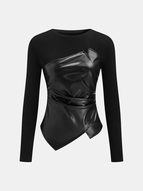 Faux Leather Panel Asymmetric Knit Top sold by COMMENSE