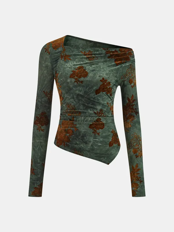 Floral Asymmetric Ruffle Long Sleeve Top sold by COMMENSE