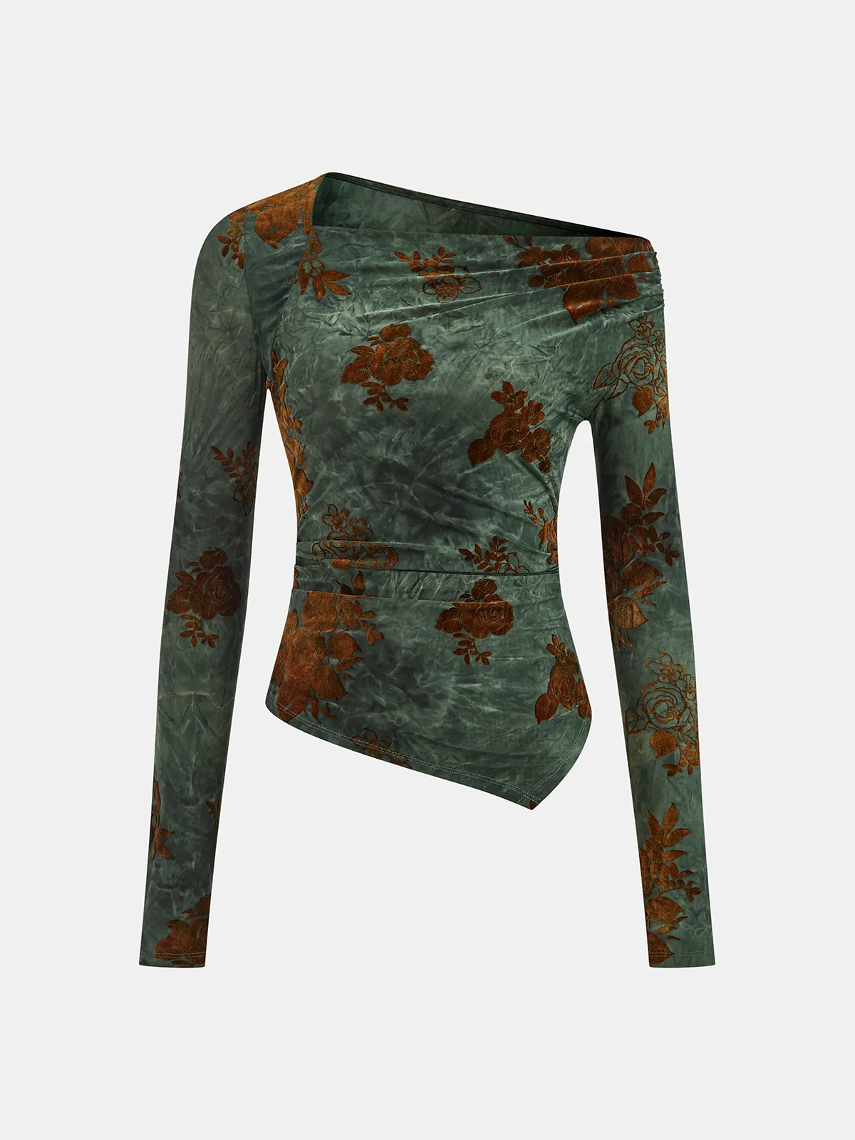 Floral Asymmetric Ruffle Long Sleeve Top sold by COMMENSE