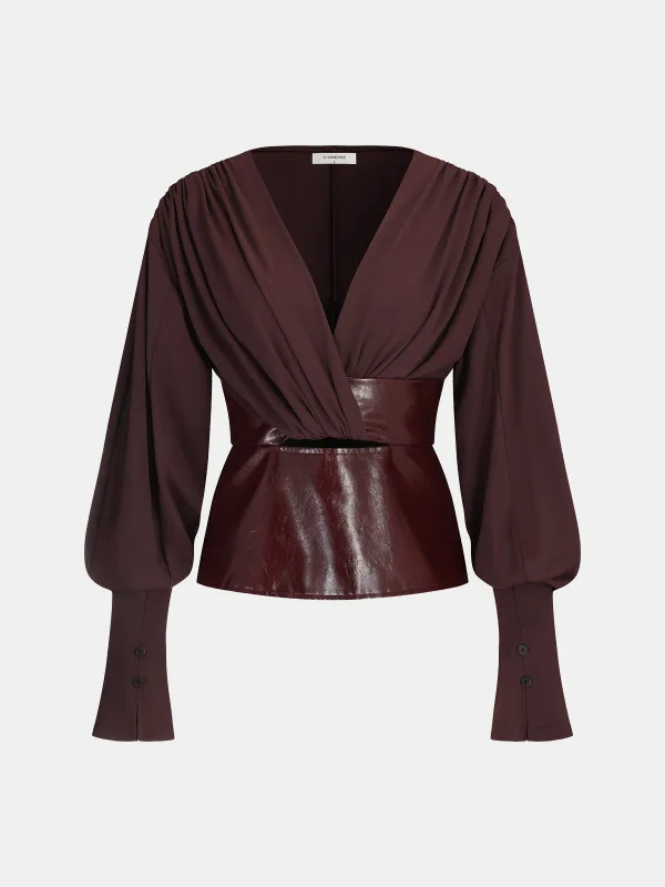 Faux Leather Panel Lantern Sleeve Blouse sold by COMMENSE