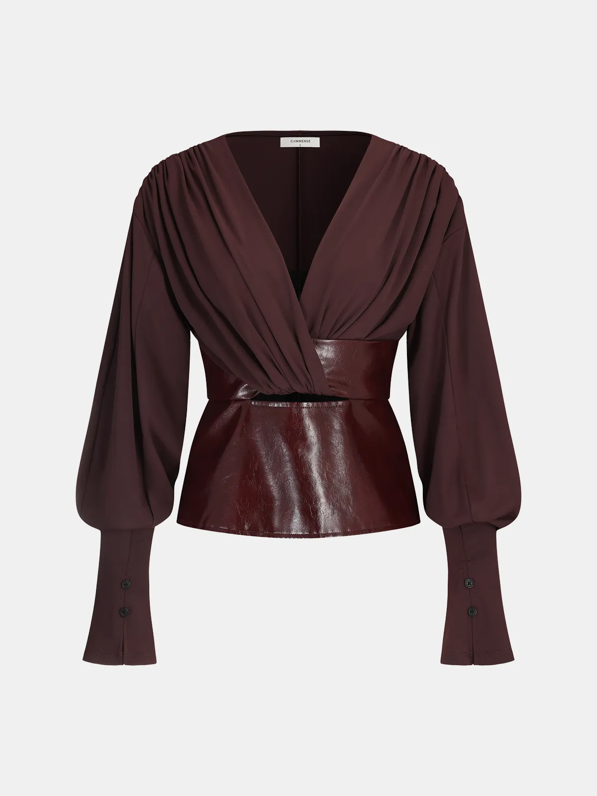 Faux Leather Panel Lantern Sleeve Blouse sold by COMMENSE