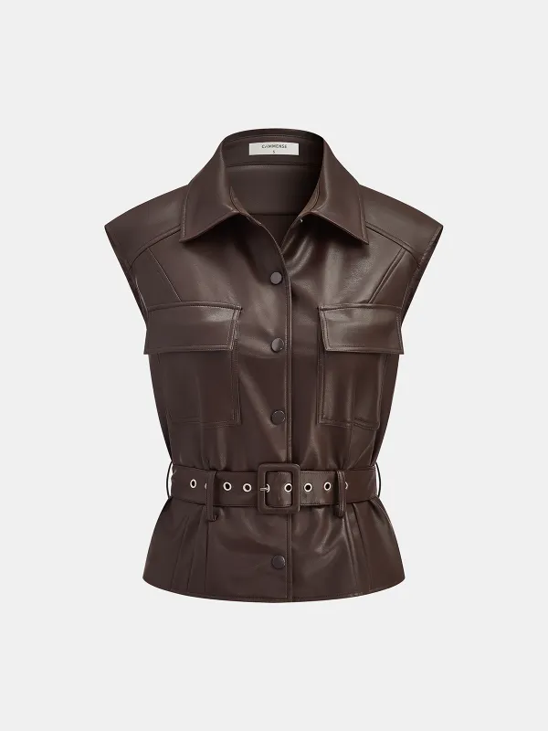 Collared Belted Faux Leather Vest sold by COMMENSE