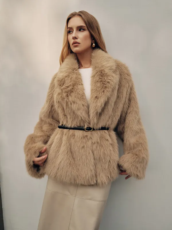 Shawl Collar Faux Fur Coat without Belt sold by COMMENSE