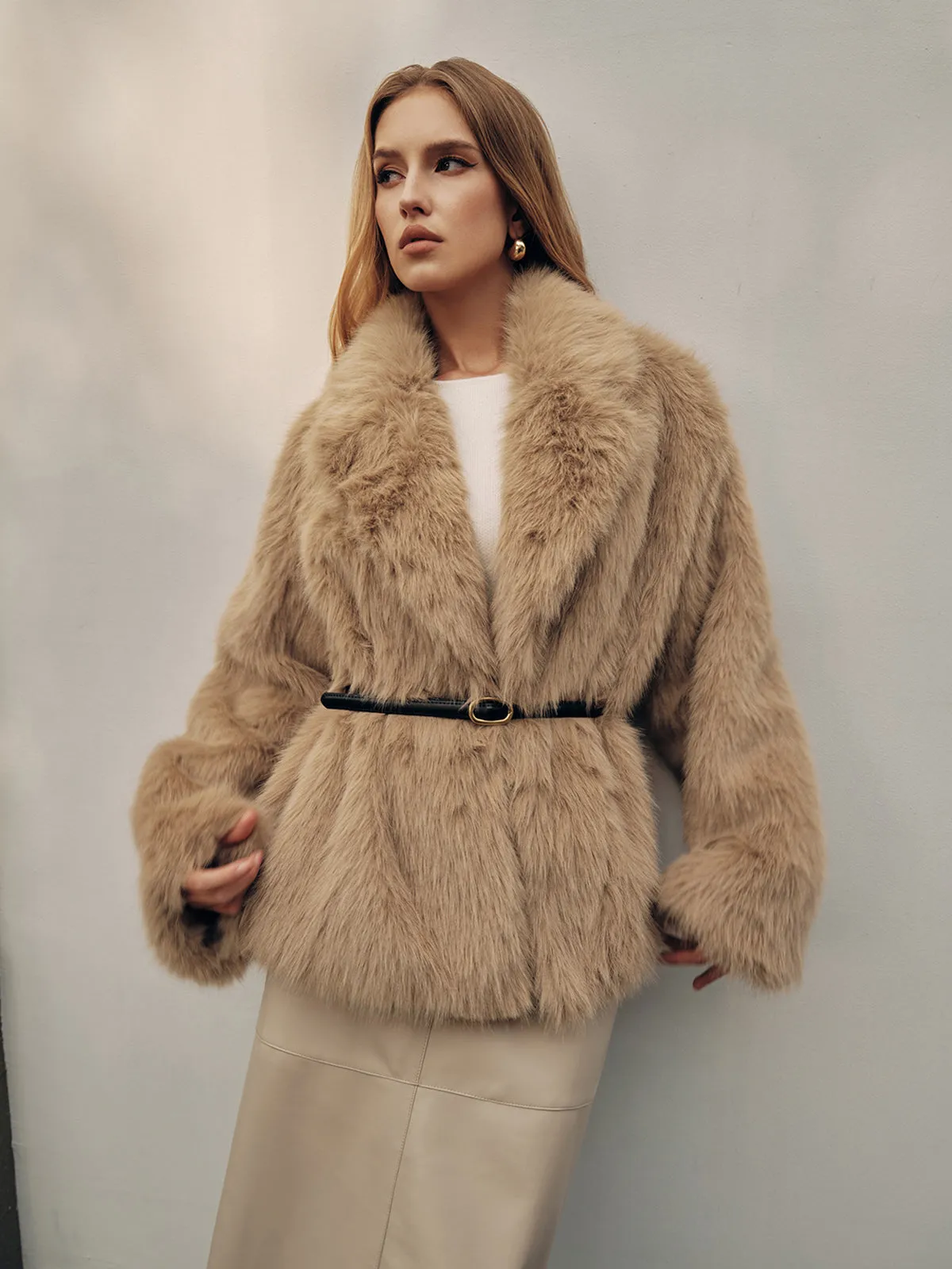 Shawl Collar Faux Fur Coat without Belt sold by COMMENSE