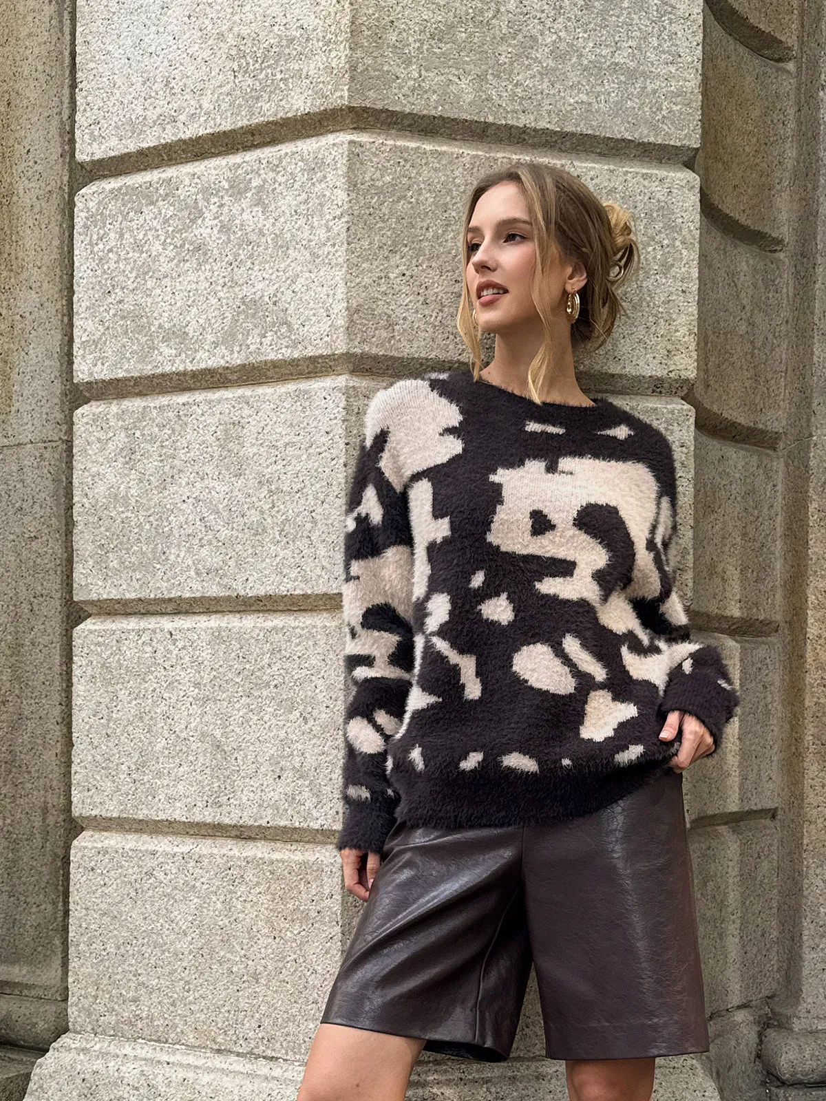 Cow Print Fuzzy Crew Neck Sweater sold by COMMENSE product image thumbnail 4