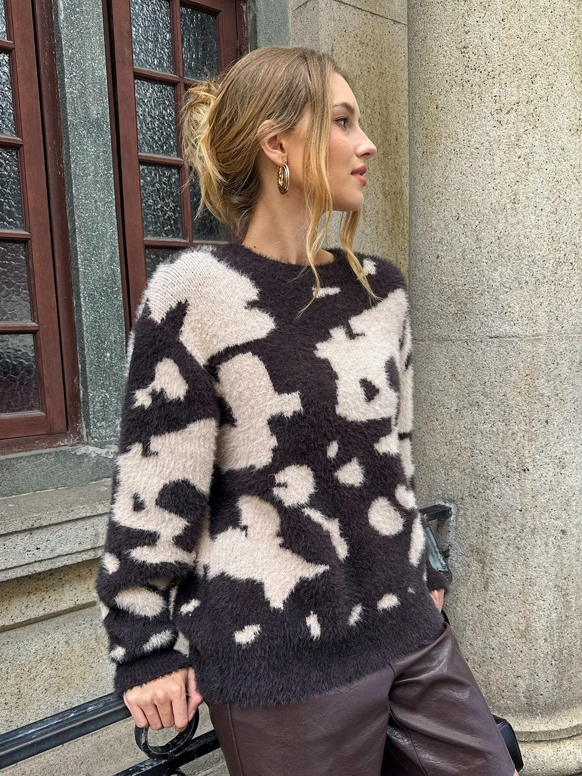 Cow Print Fuzzy Crew Neck Sweater sold by COMMENSE product image thumbnail 5