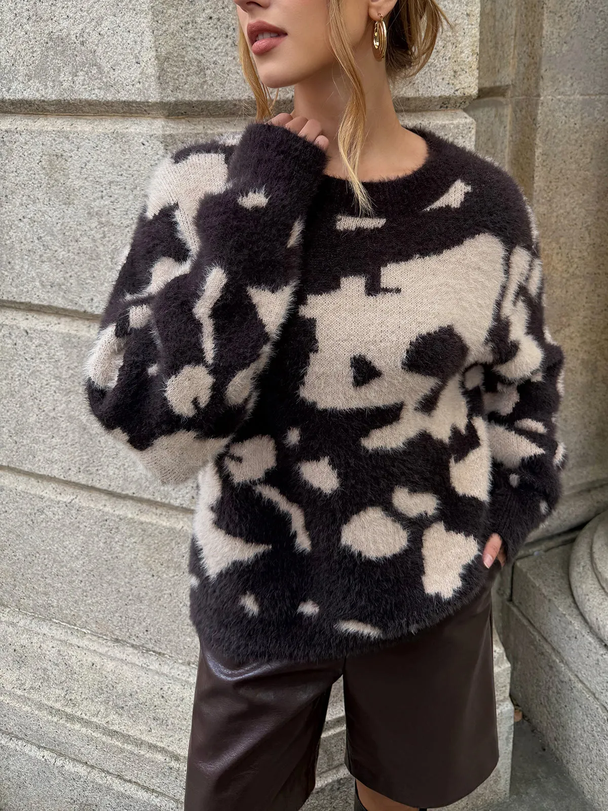 Cow Print Fuzzy Crew Neck Sweater sold by COMMENSE product image thumbnail 2