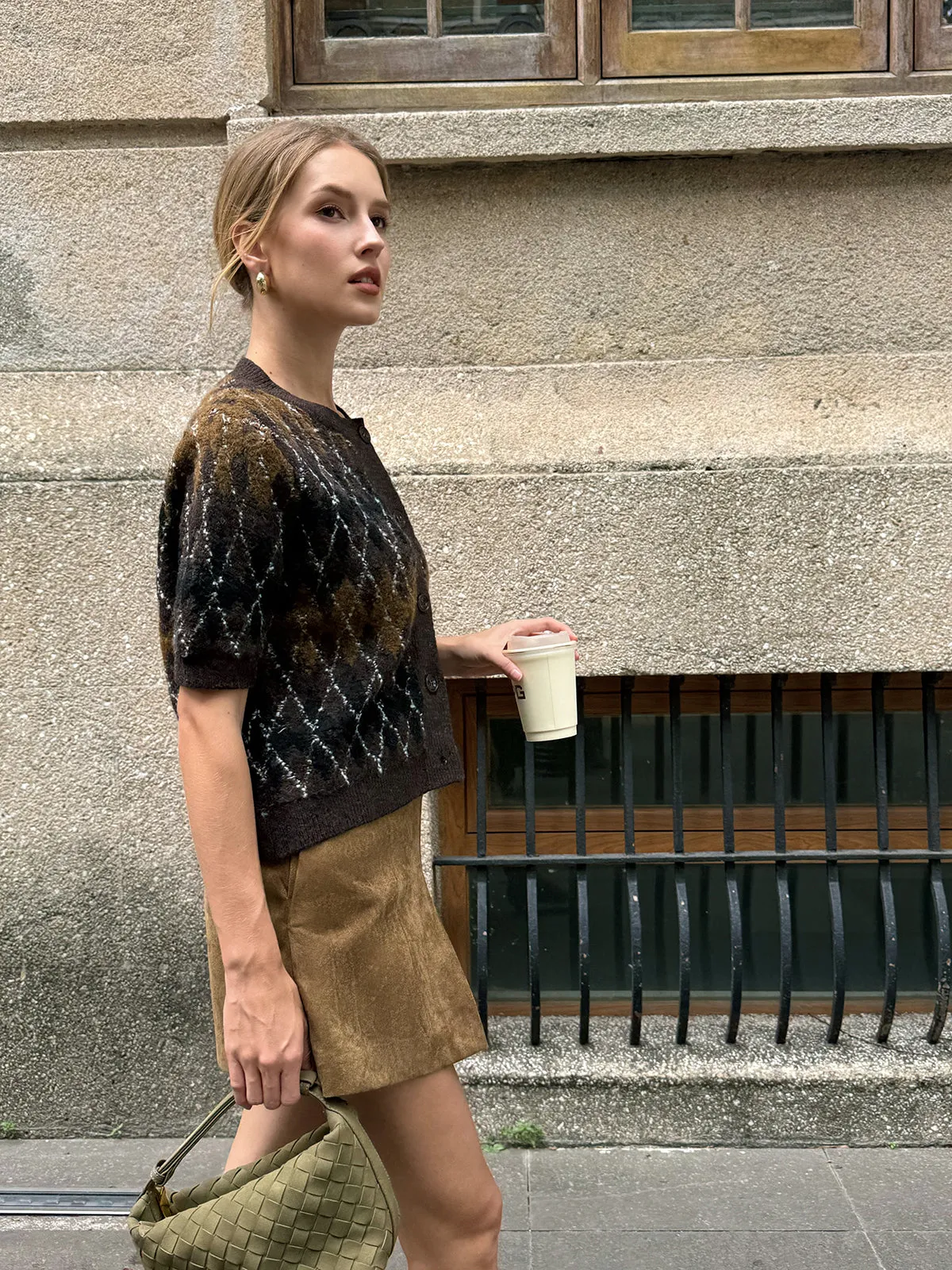 Argyle Pattern Short Sleeve Knit Cardigan sold by COMMENSE product image thumbnail 4