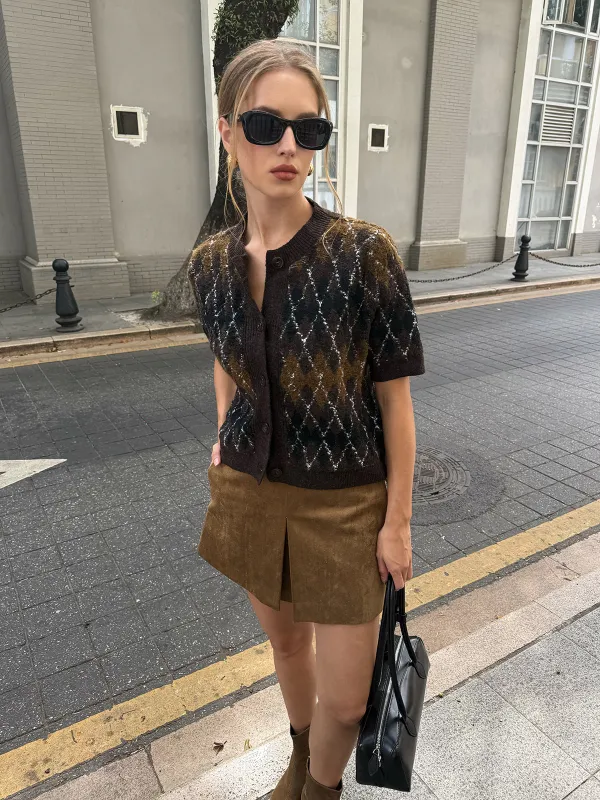 Argyle Pattern Short Sleeve Knit Cardigan sold by COMMENSE