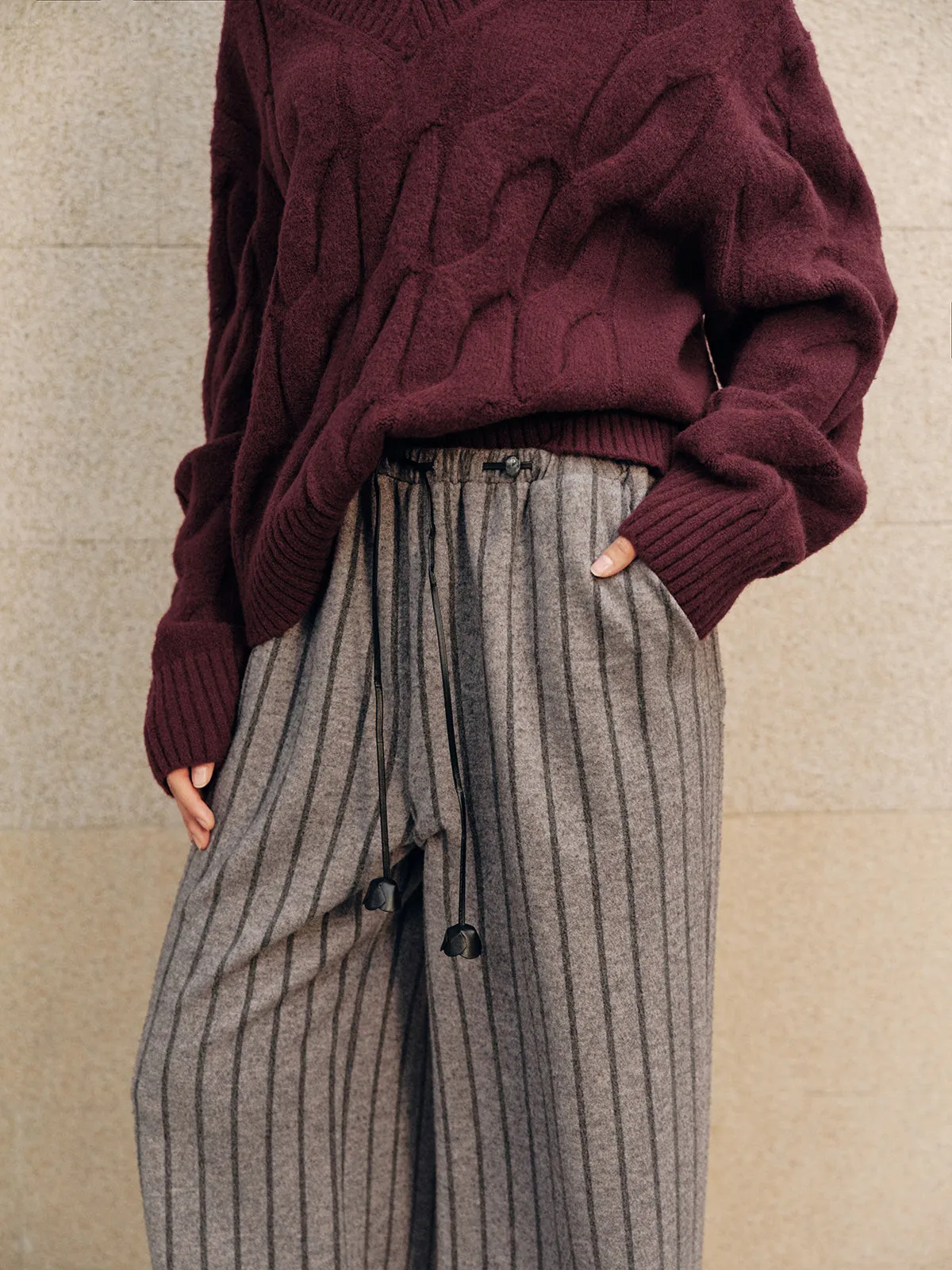 Tweed Striped Drawstring Wide-Leg Pants sold by COMMENSE product image thumbnail 4