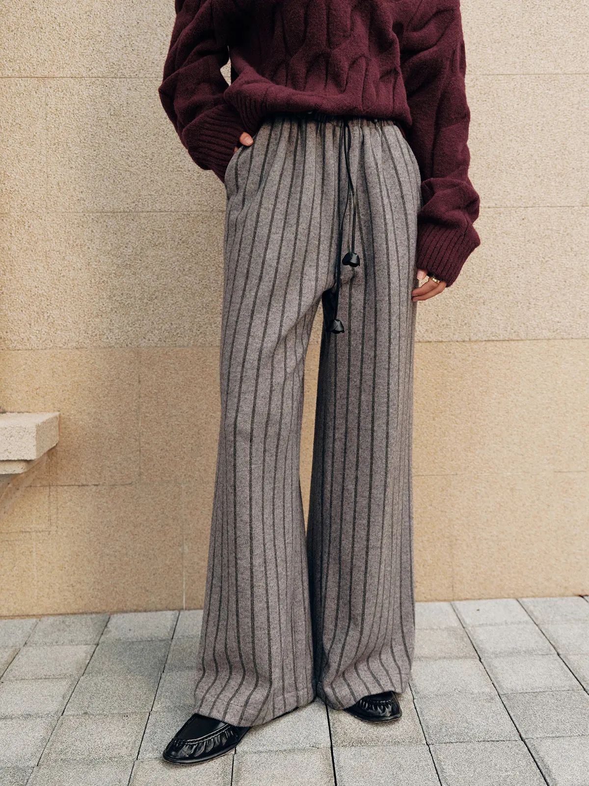 Tweed Striped Drawstring Wide-Leg Pants sold by COMMENSE