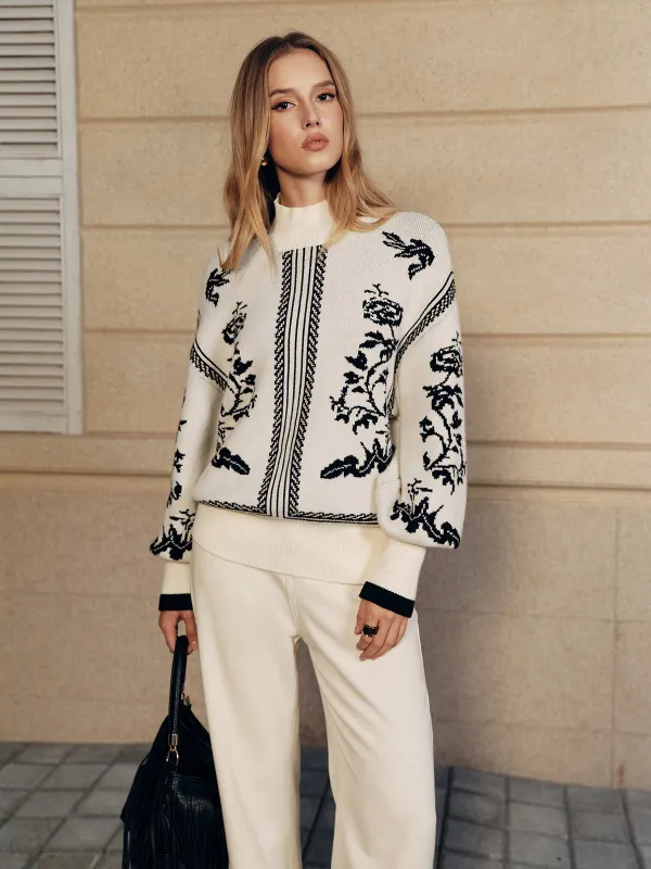 Floral Pattern Mock Neck Balloon Sleeve Sweater sold by COMMENSE