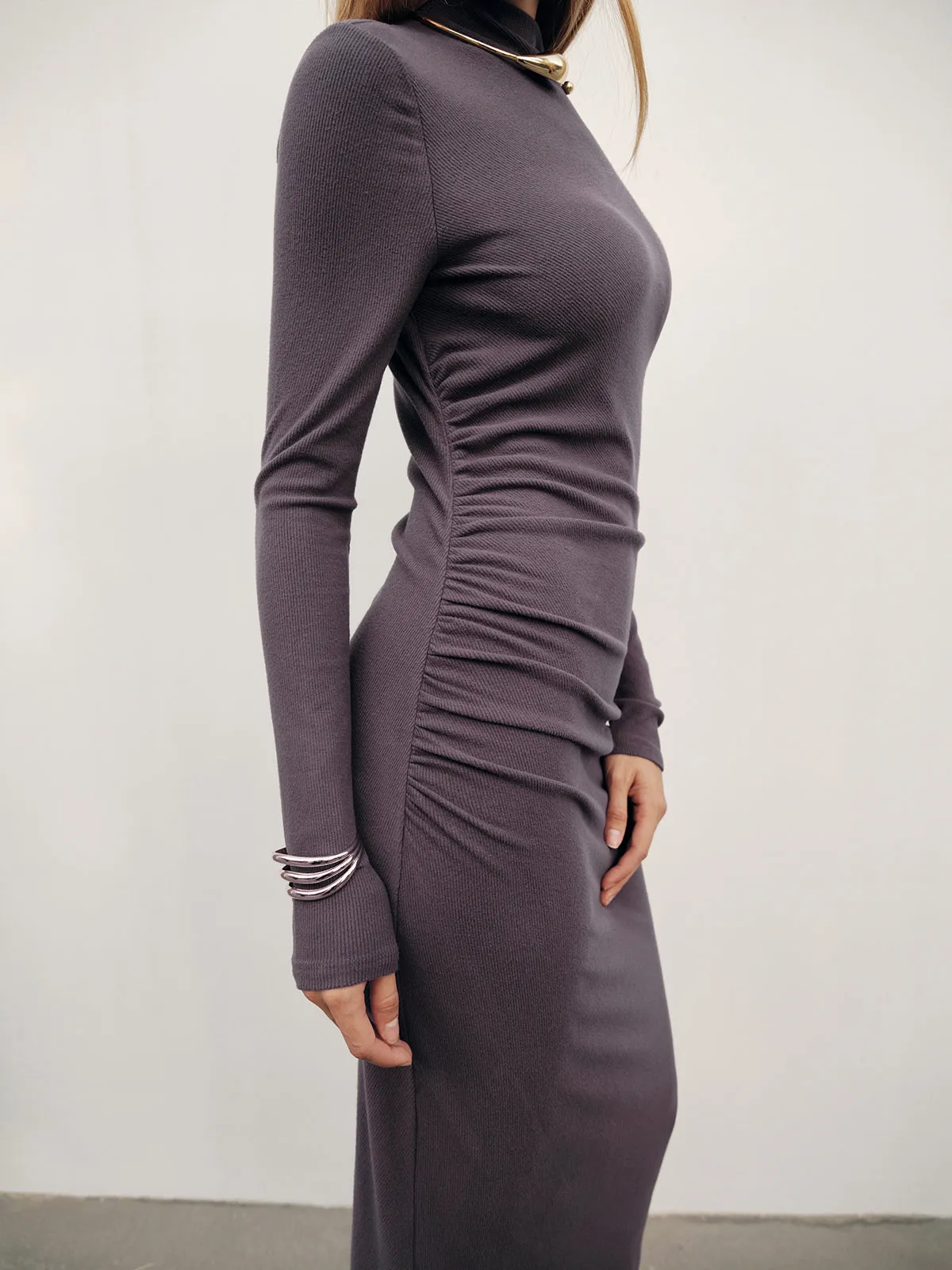 Long Sleeve Ribbed Ruched Maxi Dress sold by COMMENSE product image thumbnail 4