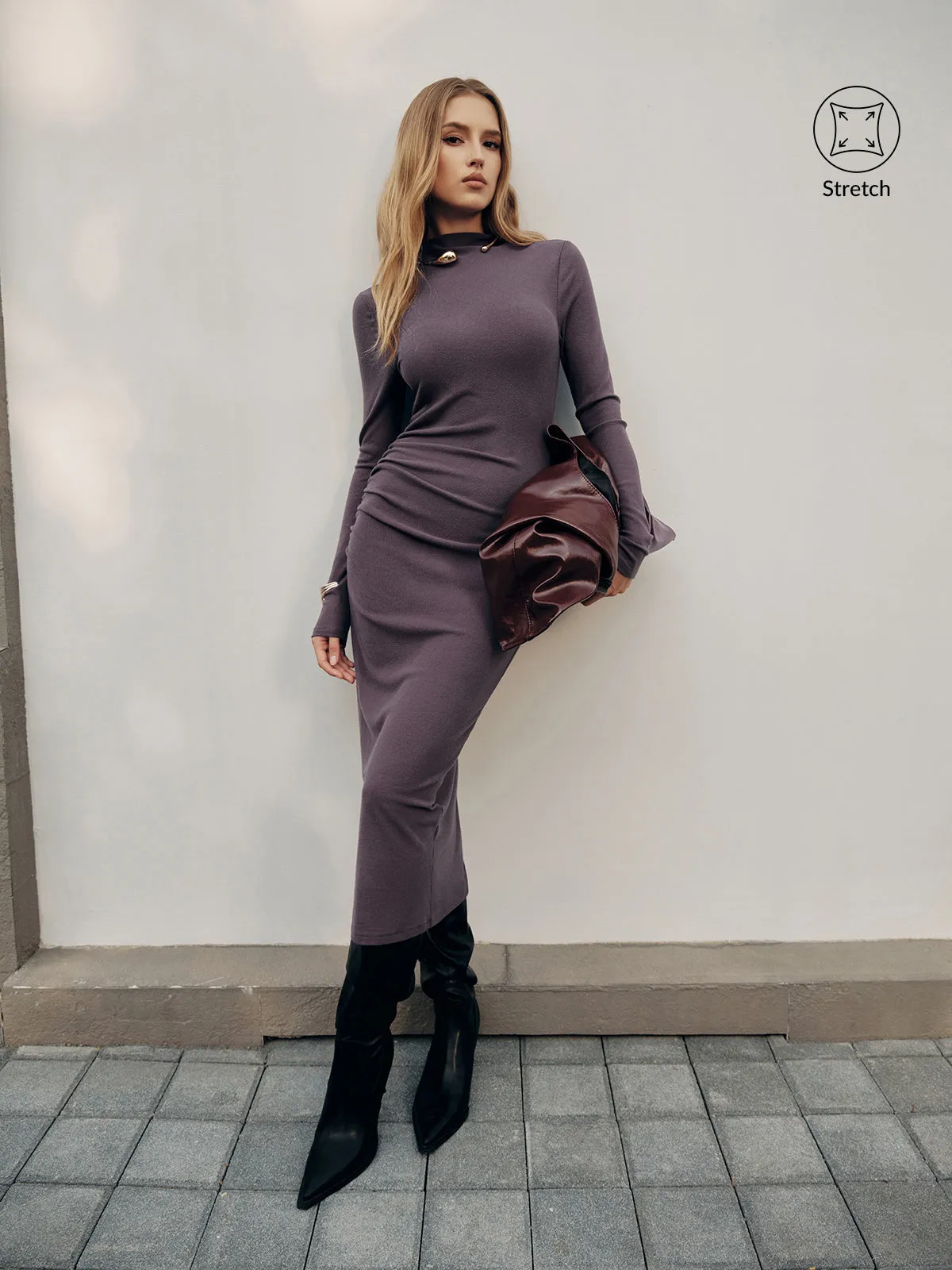 Long Sleeve Ribbed Ruched Maxi Dress sold by COMMENSE