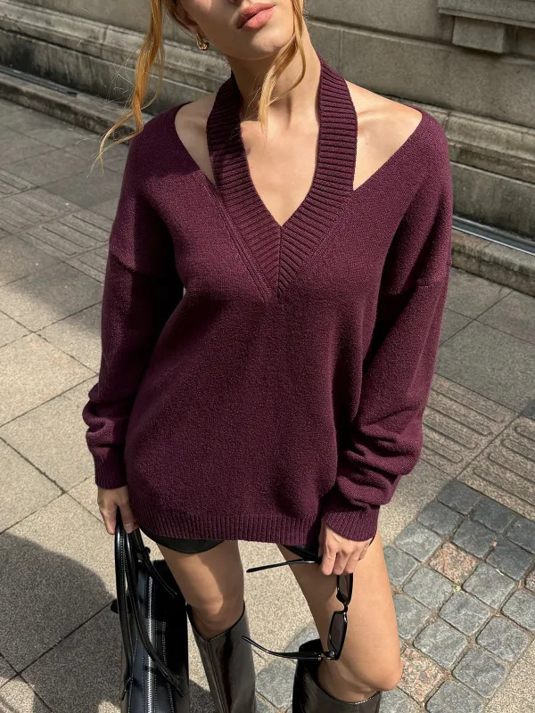 Halter Off-shoulder V-Neck Sweater sold by COMMENSE