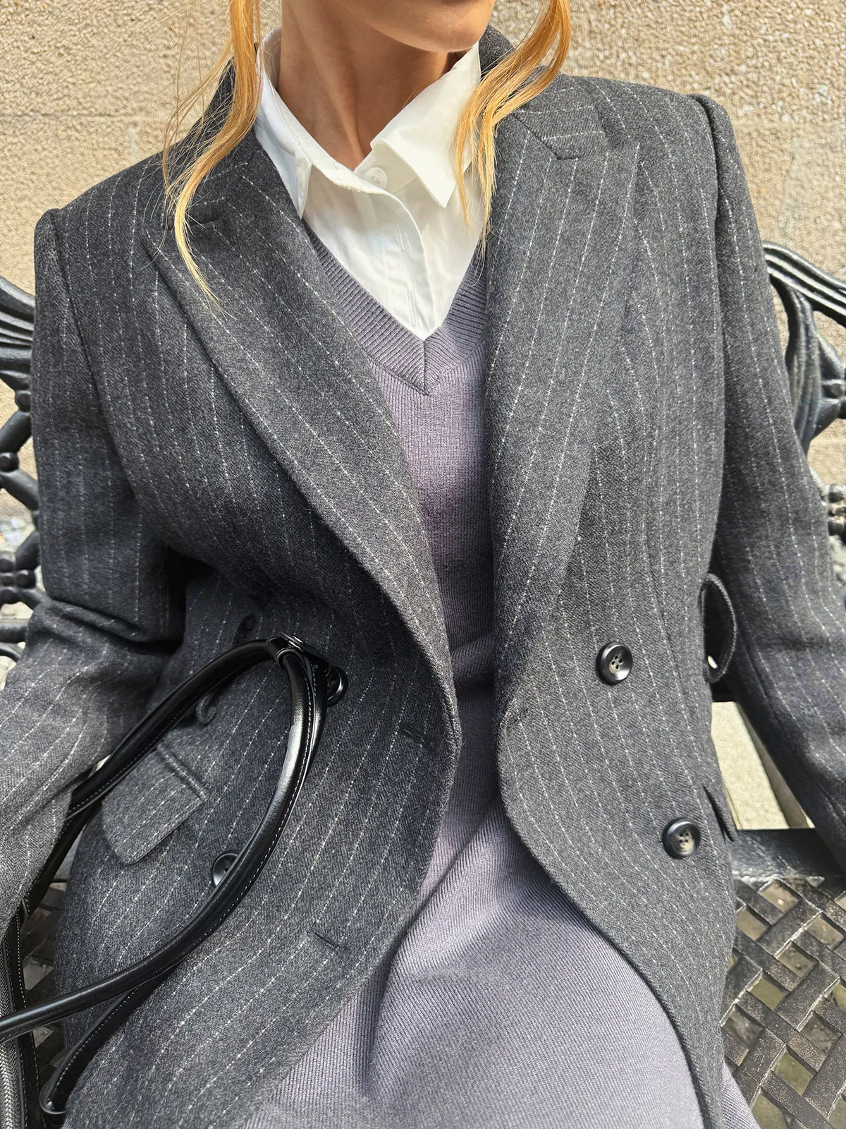 Pinstripe Wool-Blend Belted Blazer sold by COMMENSE product image thumbnail 2