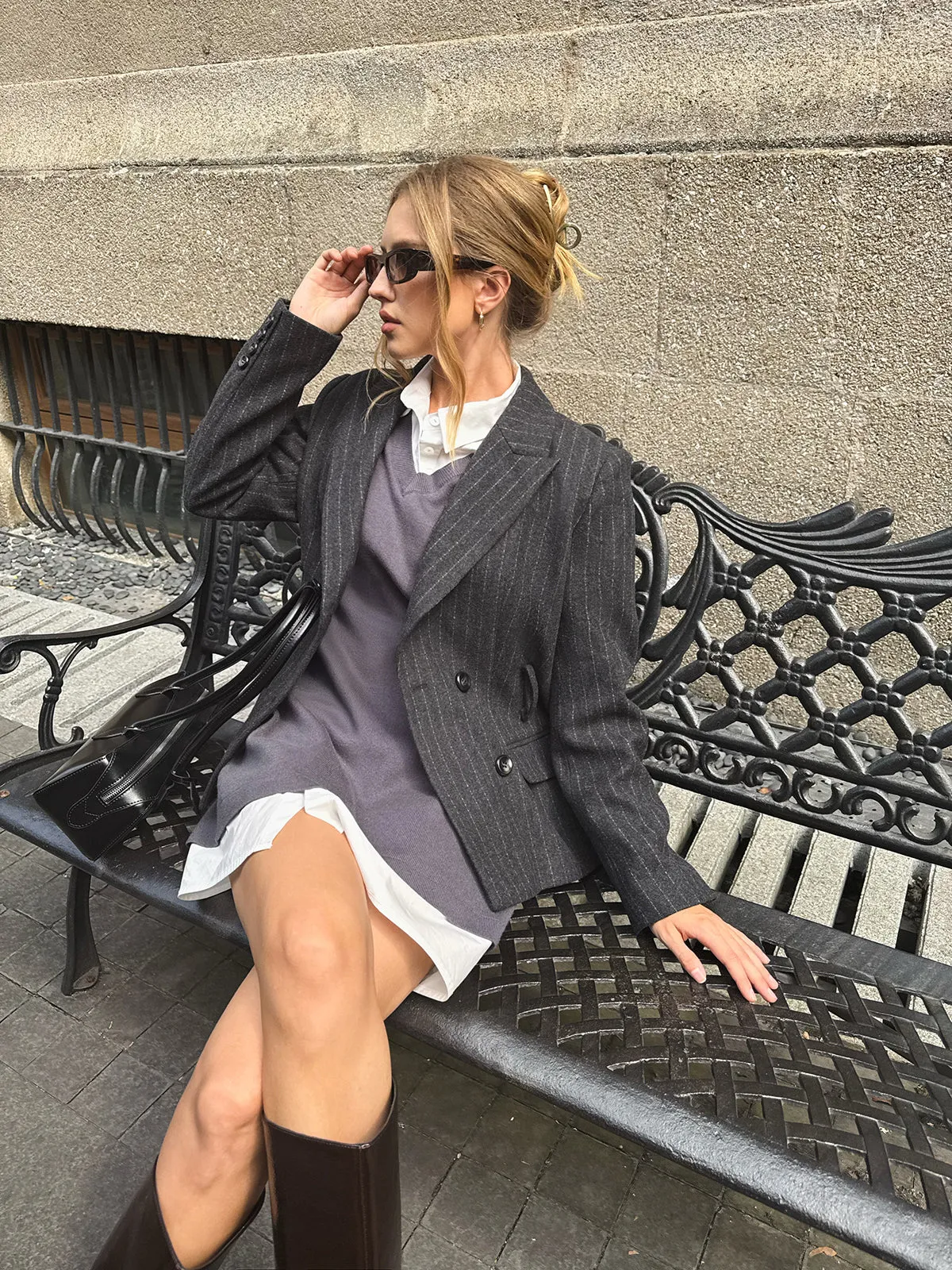 Pinstripe Wool-Blend Belted Blazer sold by COMMENSE product image thumbnail 3