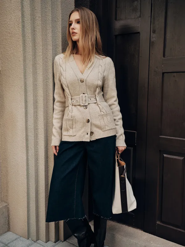 Belted Cable Knit V-Neck Cardigan sold by COMMENSE