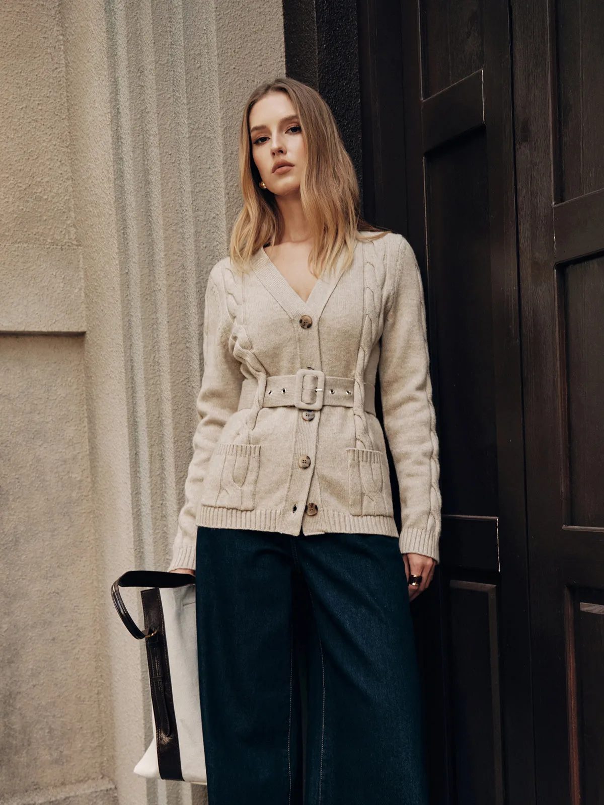 Belted Cable Knit V-Neck Cardigan sold by COMMENSE product image thumbnail 5