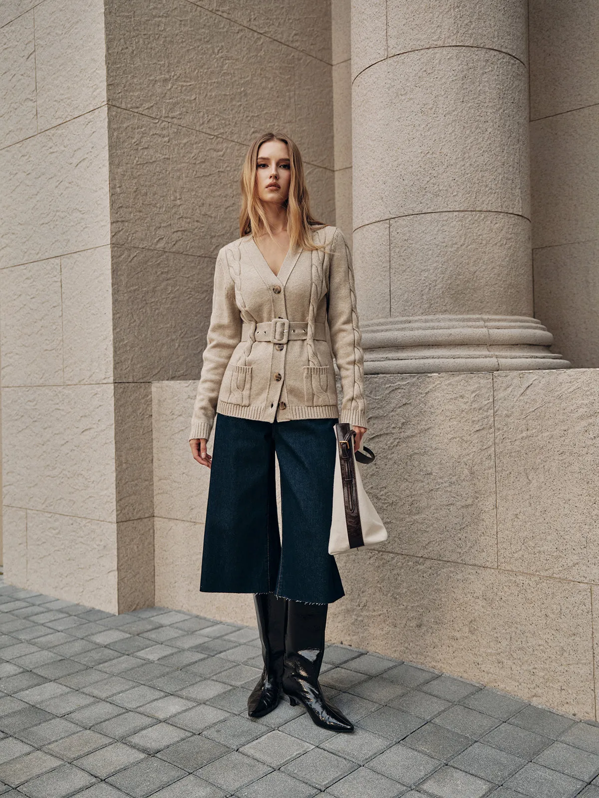 Belted Cable Knit V-Neck Cardigan sold by COMMENSE product image thumbnail 3