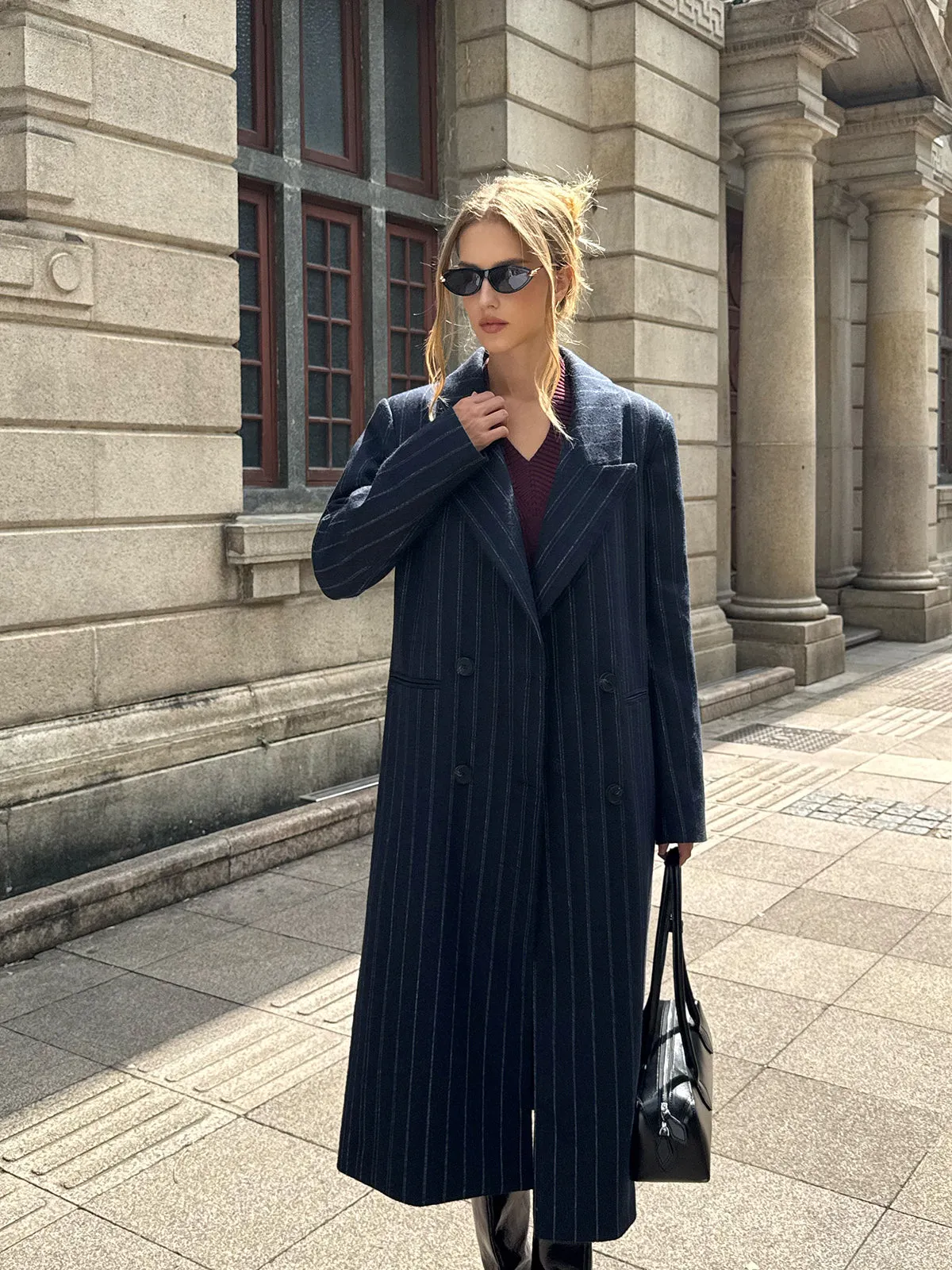 Striped Double-Breasted Long Tweed Coat sold by COMMENSE product image thumbnail 3