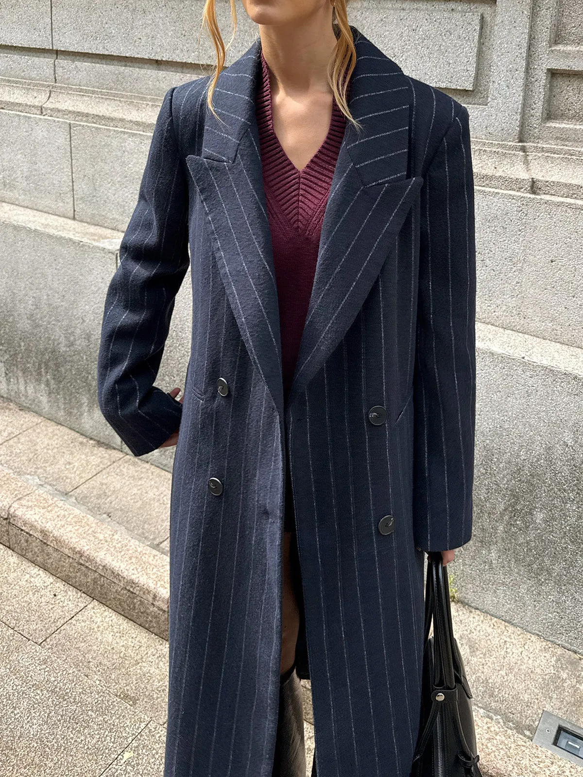 Striped Double-Breasted Long Tweed Coat sold by COMMENSE product image thumbnail 4