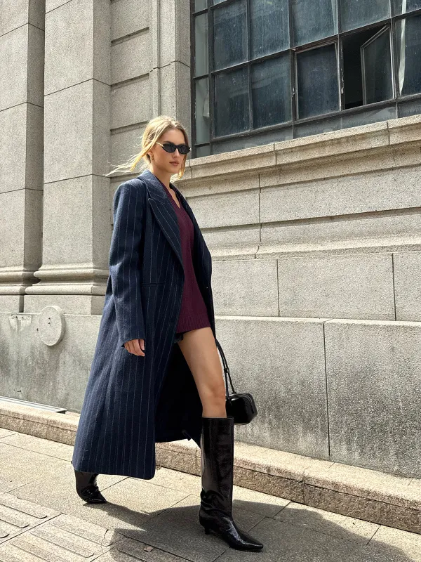 Striped Double-Breasted Long Tweed Coat sold by COMMENSE