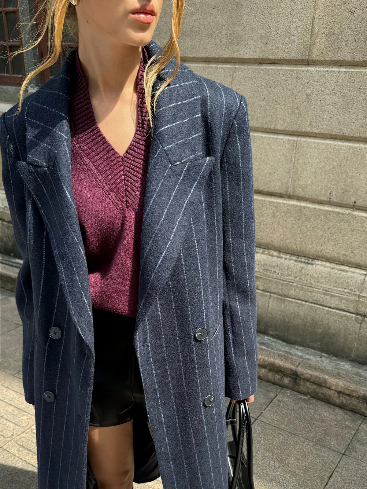 Striped Double-Breasted Long Tweed Coat sold by COMMENSE product image thumbnail 5