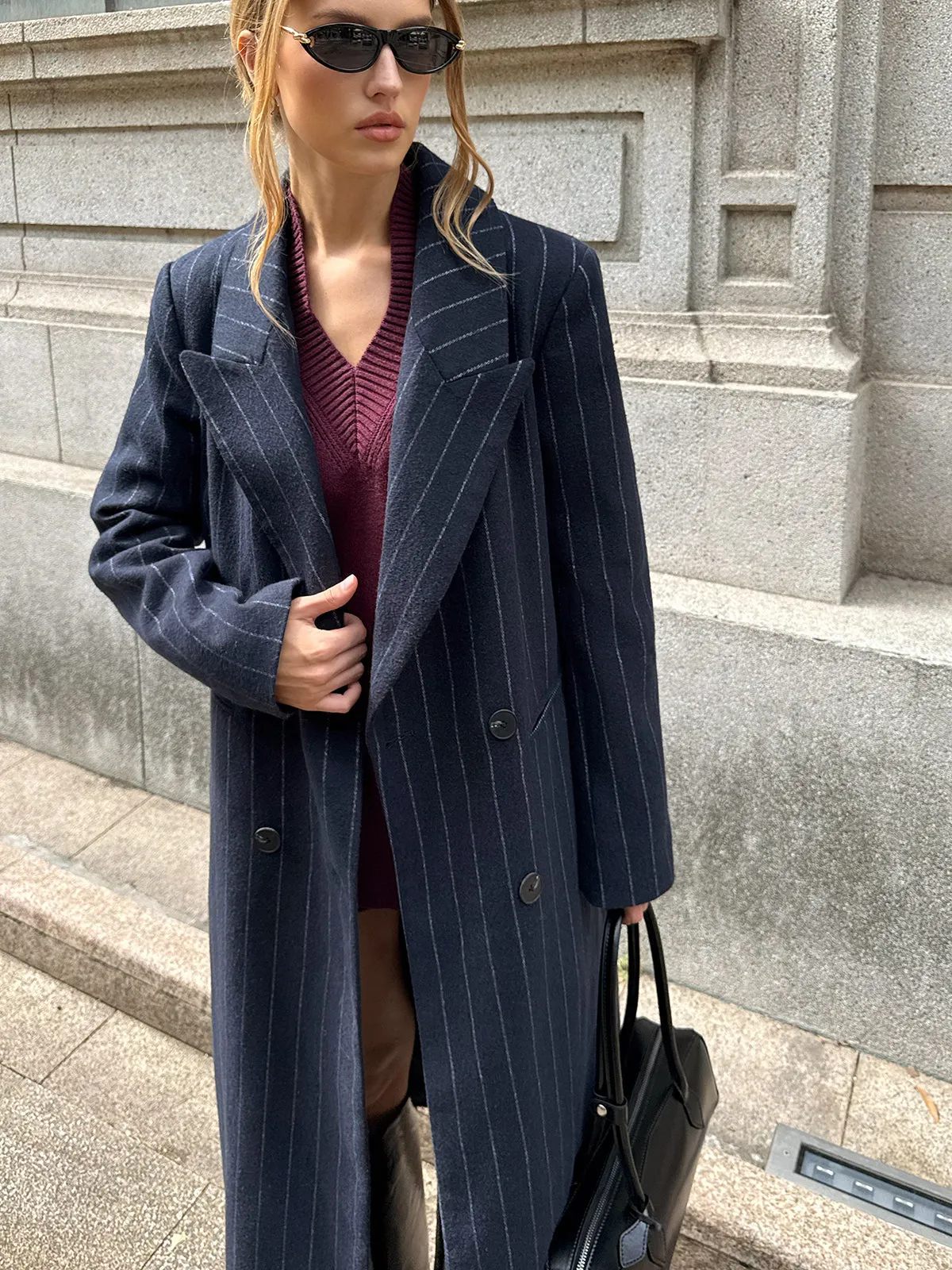 Striped Double-Breasted Long Tweed Coat sold by COMMENSE product image thumbnail 2