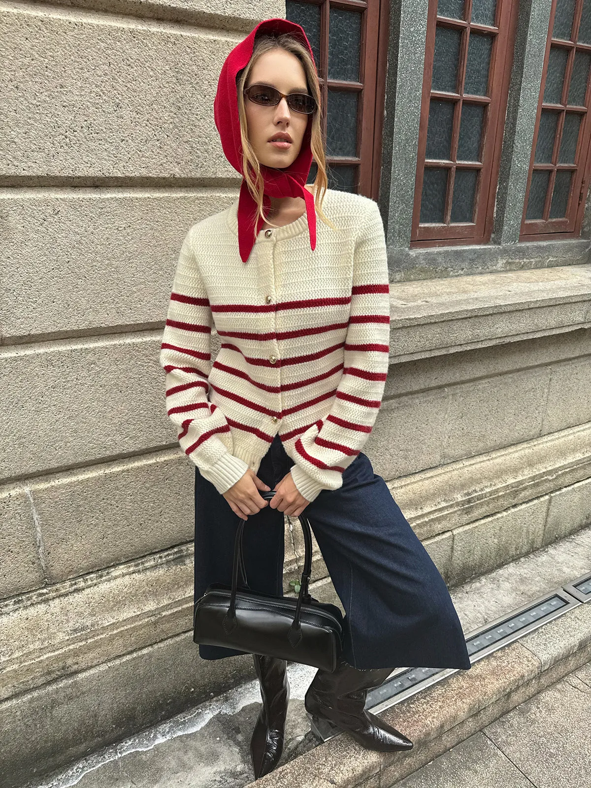 Striped Metal Button Cardigan sold by COMMENSE