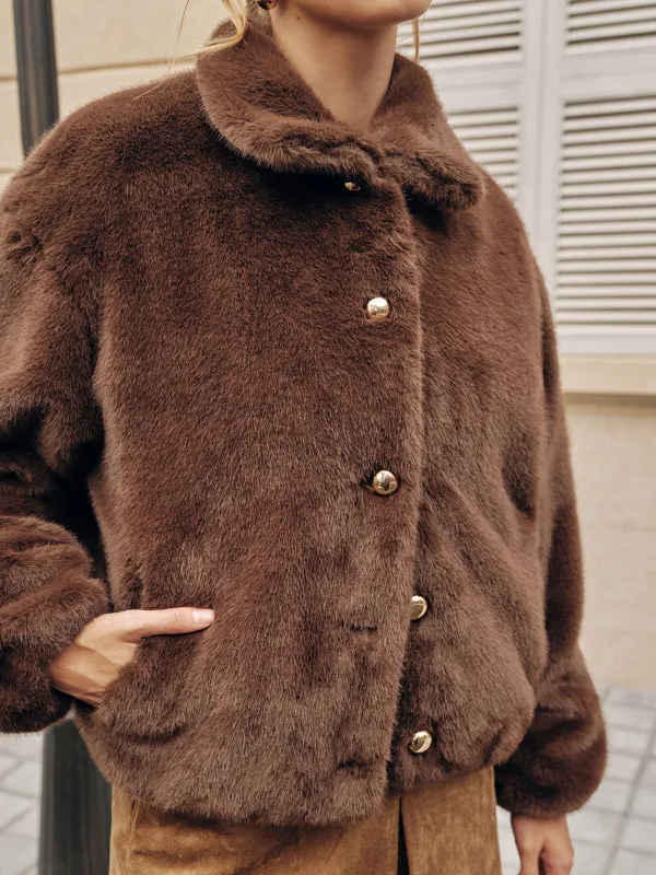 Metal Button Faux Fur Coat sold by COMMENSE