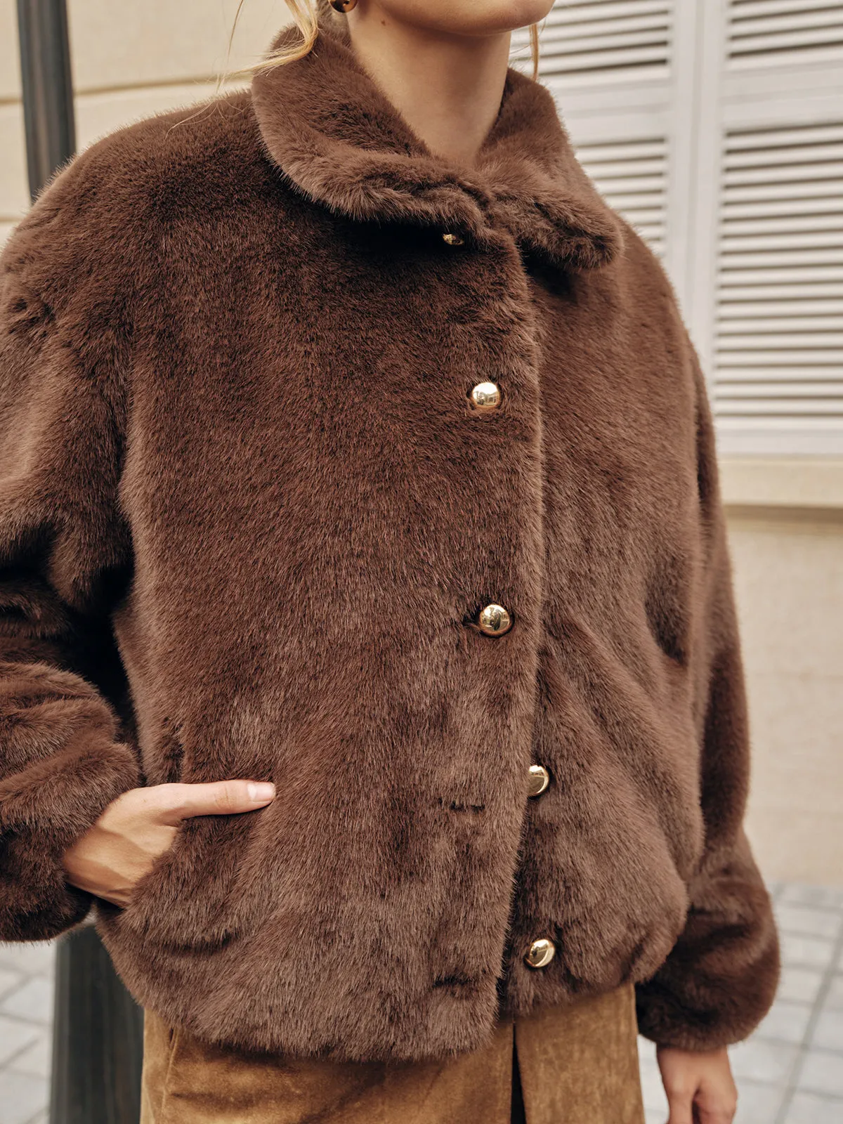 Metal Button Faux Fur Coat sold by COMMENSE