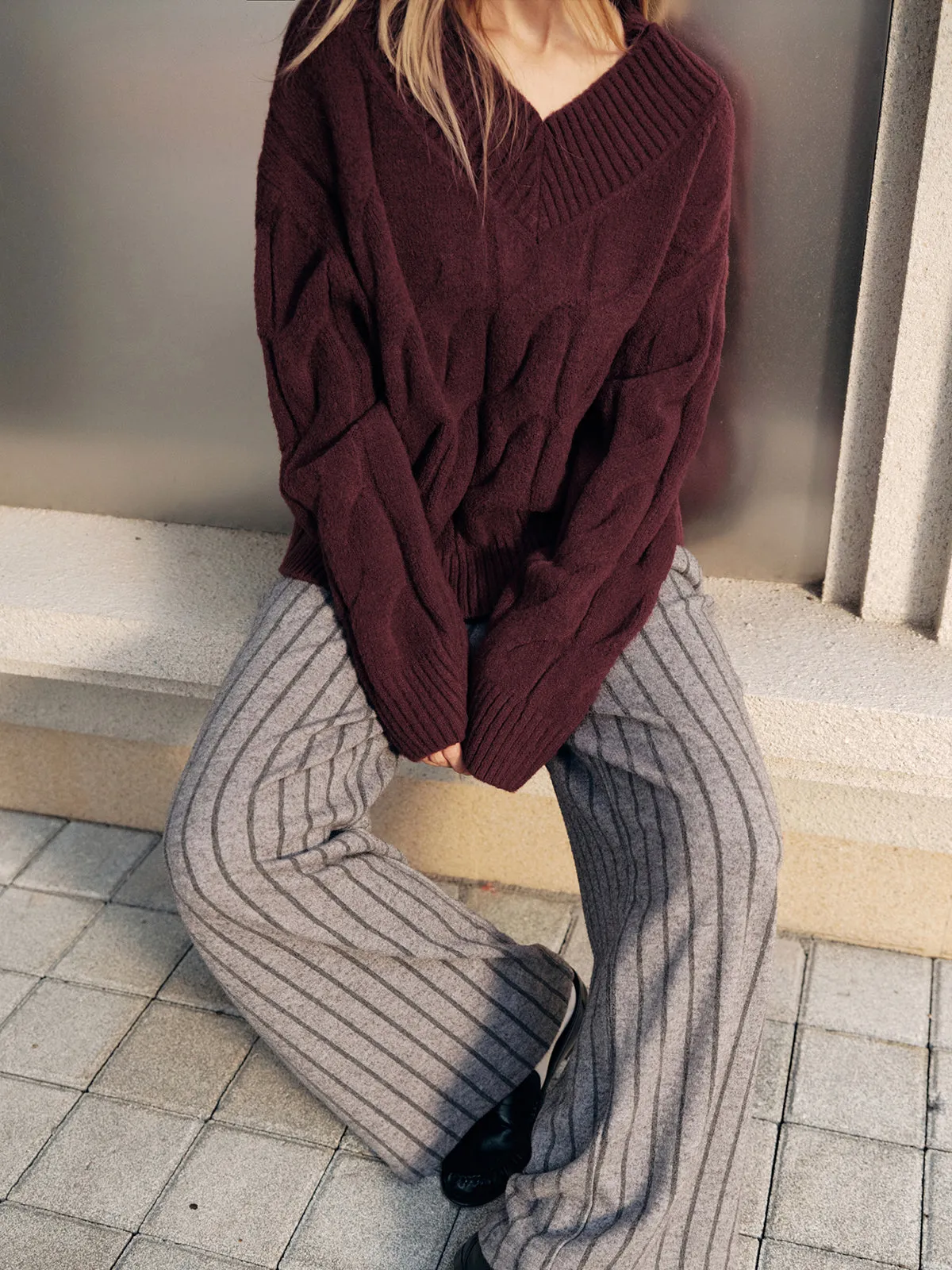 Wool-Blend Cable Knit Sweater sold by COMMENSE product image thumbnail 3