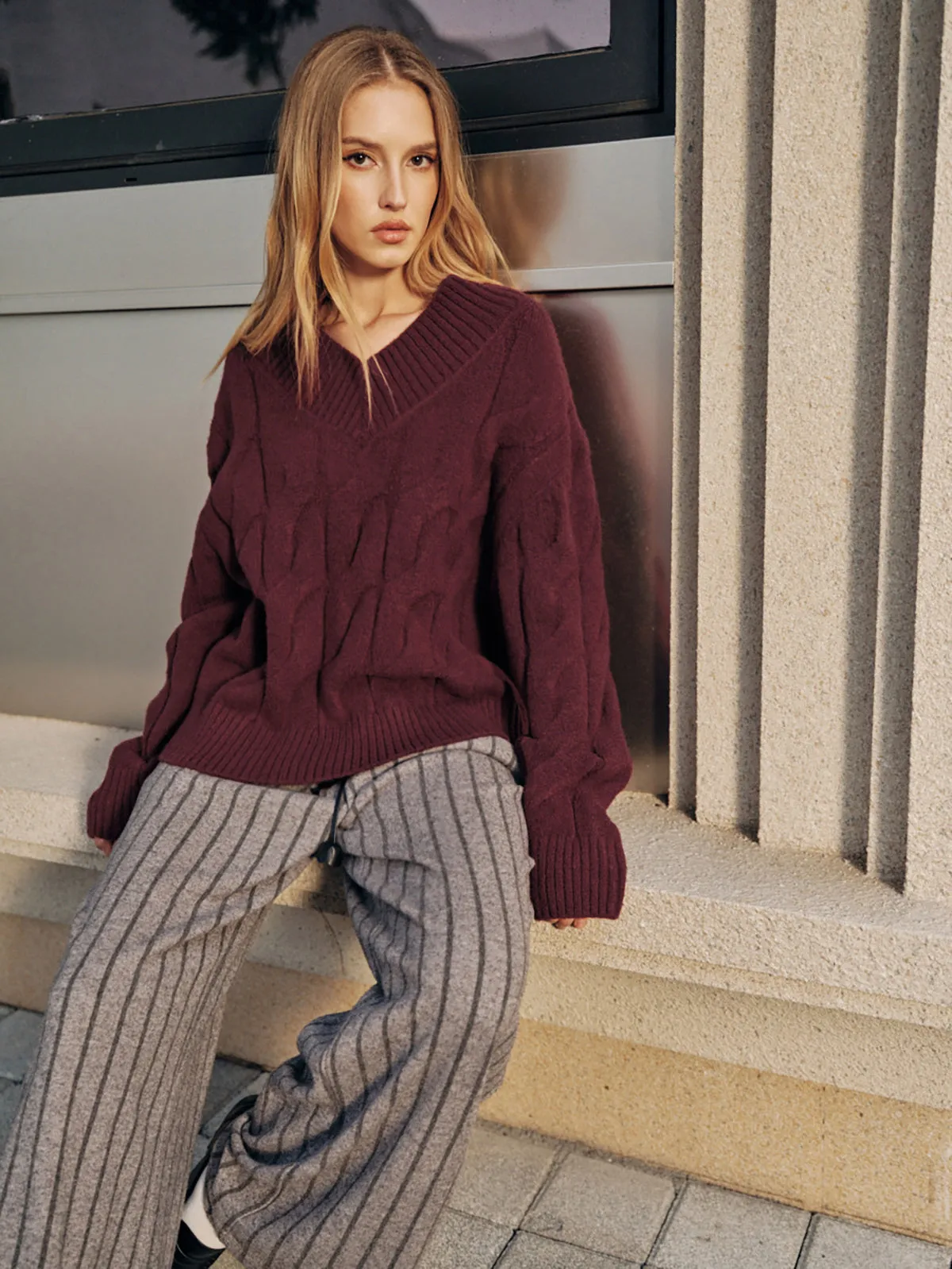 Wool-Blend Cable Knit Sweater sold by COMMENSE