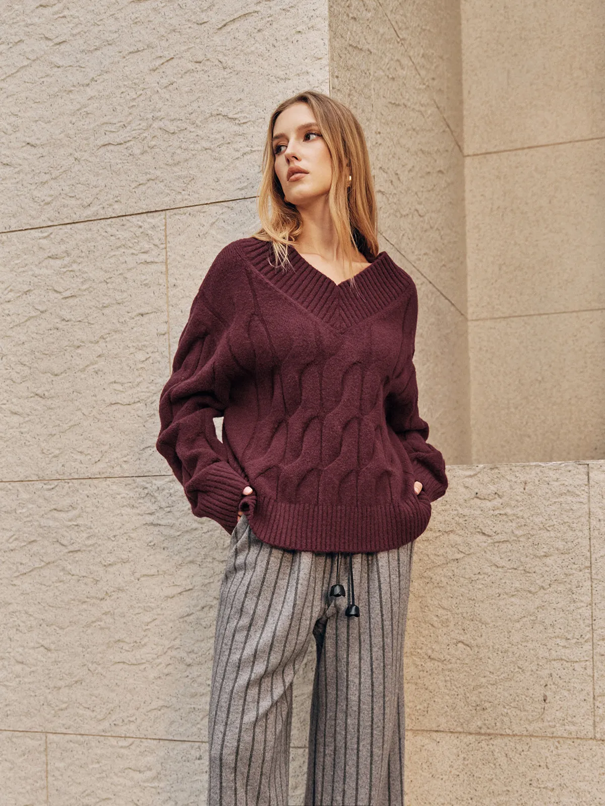 Wool-Blend Cable Knit Sweater sold by COMMENSE product image thumbnail 5