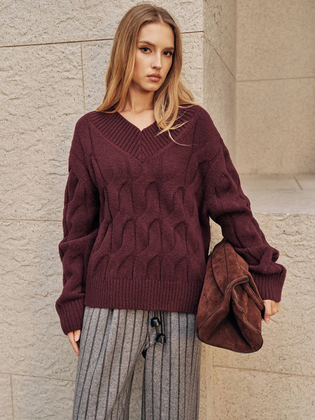 Wool-Blend Cable Knit Sweater sold by COMMENSE product image thumbnail 2