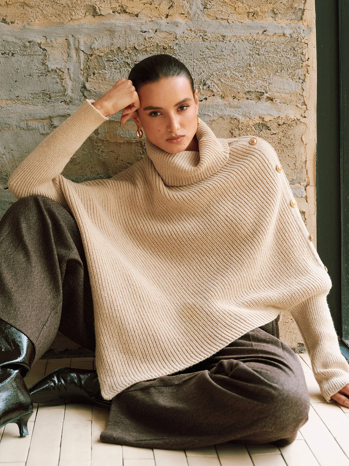 Metal Detail Turtleneck Poncho Sweater sold by COMMENSE