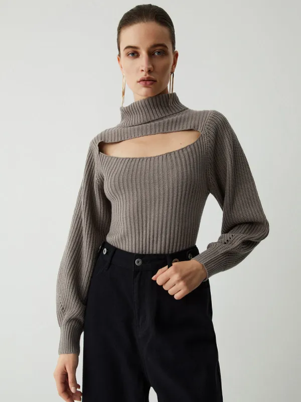 Turtleneck Puff Long Sleeve Knit Top sold by COMMENSE