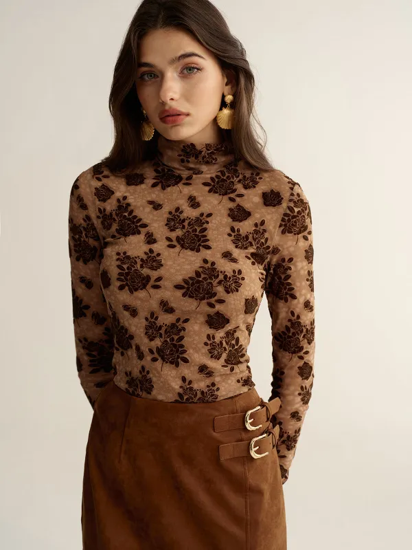 Floral Mesh Mock Neck Long Sleeve Top sold by COMMENSE