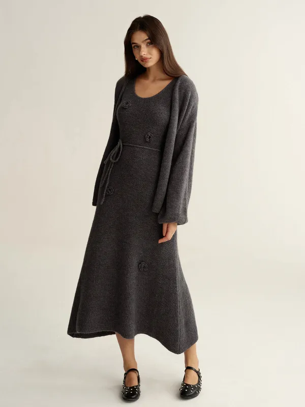 3D Floral Knit Dress & Cardigan Two-Piece Set sold by COMMENSE