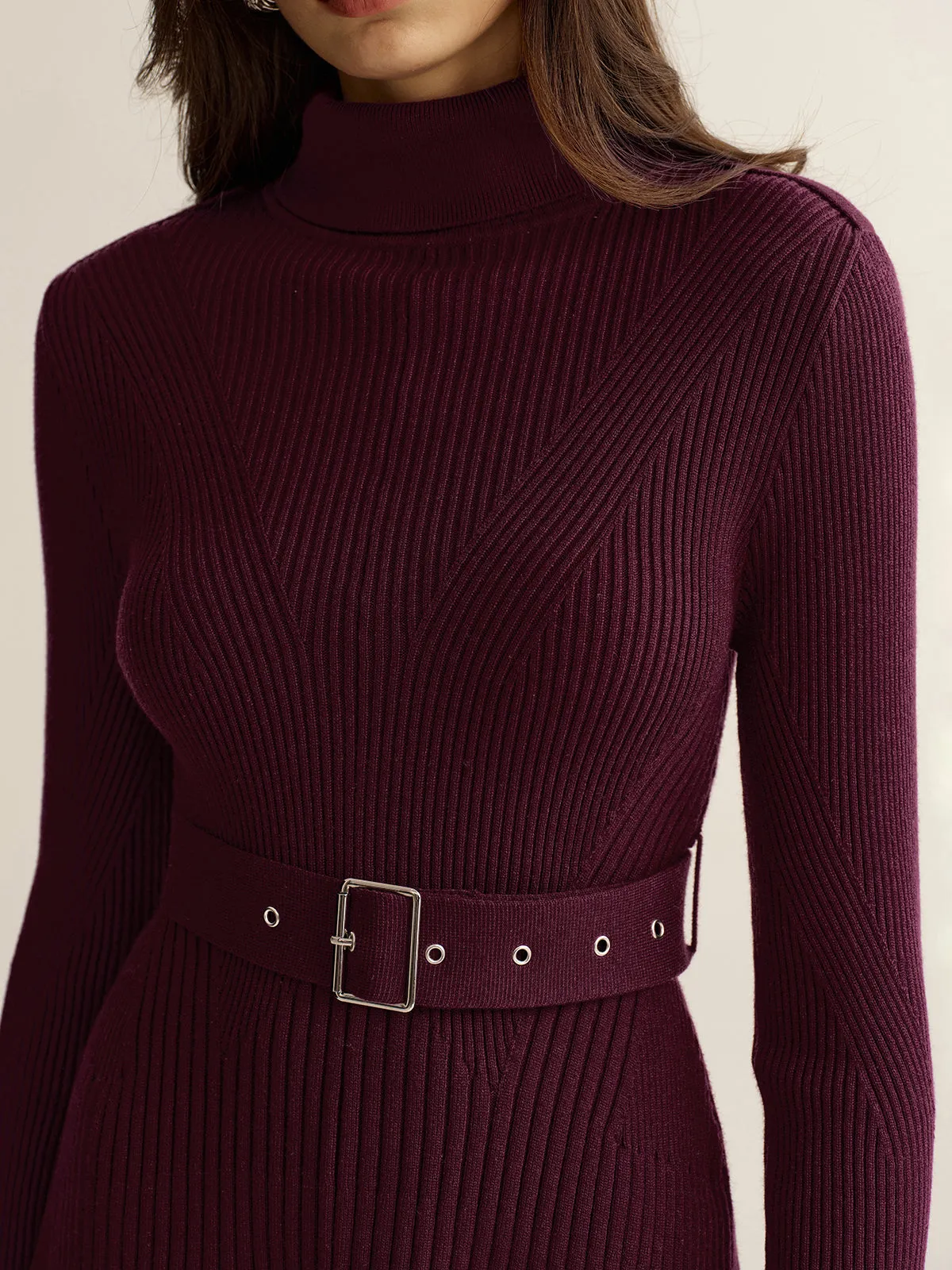 Belted Turtleneck Ribbed Knit Mini Dress sold by COMMENSE product image thumbnail 4