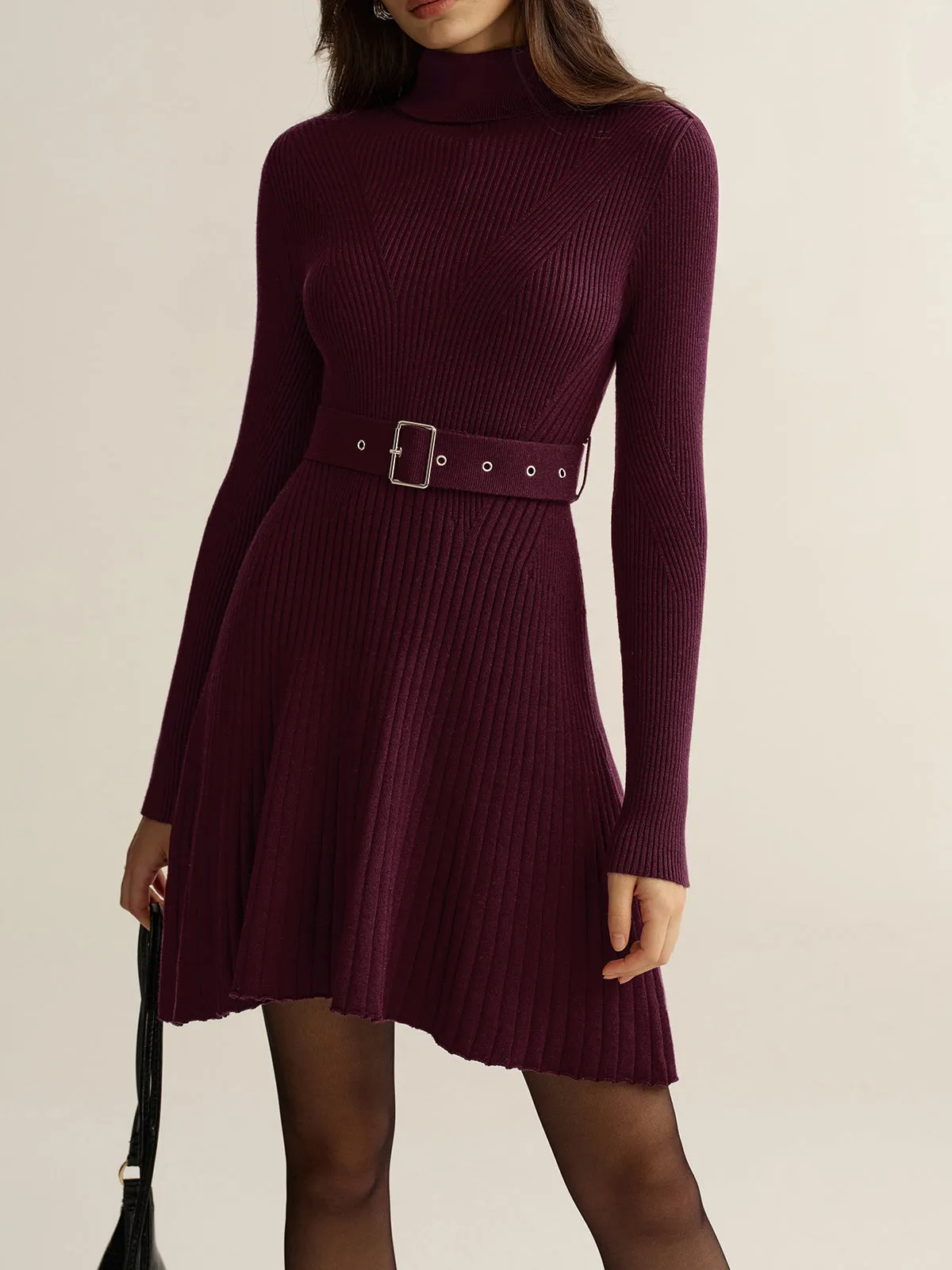 Belted Turtleneck Ribbed Knit Mini Dress sold by COMMENSE