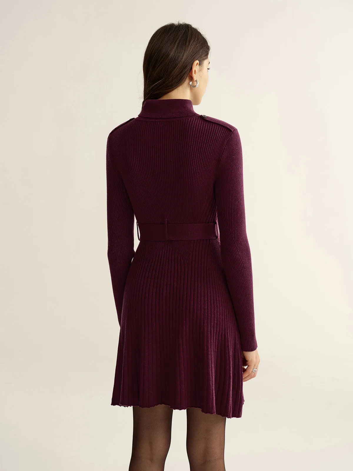 Belted Turtleneck Ribbed Knit Mini Dress sold by COMMENSE product image thumbnail 5