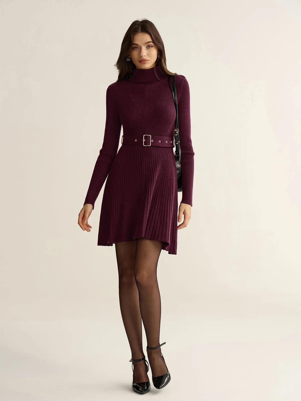Belted Turtleneck Ribbed Knit Mini Dress sold by COMMENSE product image thumbnail 2