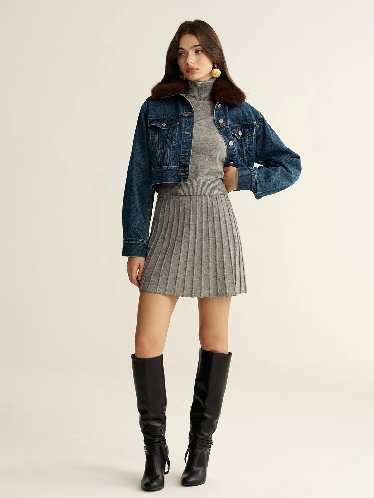 Faux Fur Collar Denim Cropped Jacket sold by COMMENSE product image thumbnail 4