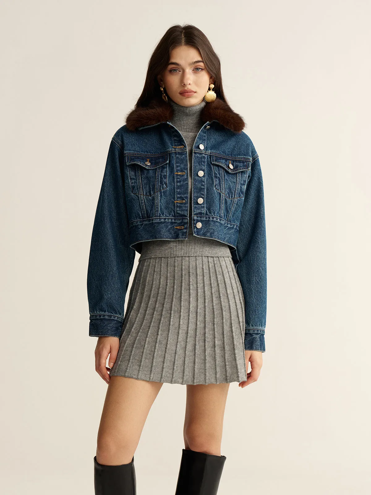 Faux Fur Collar Denim Cropped Jacket sold by COMMENSE