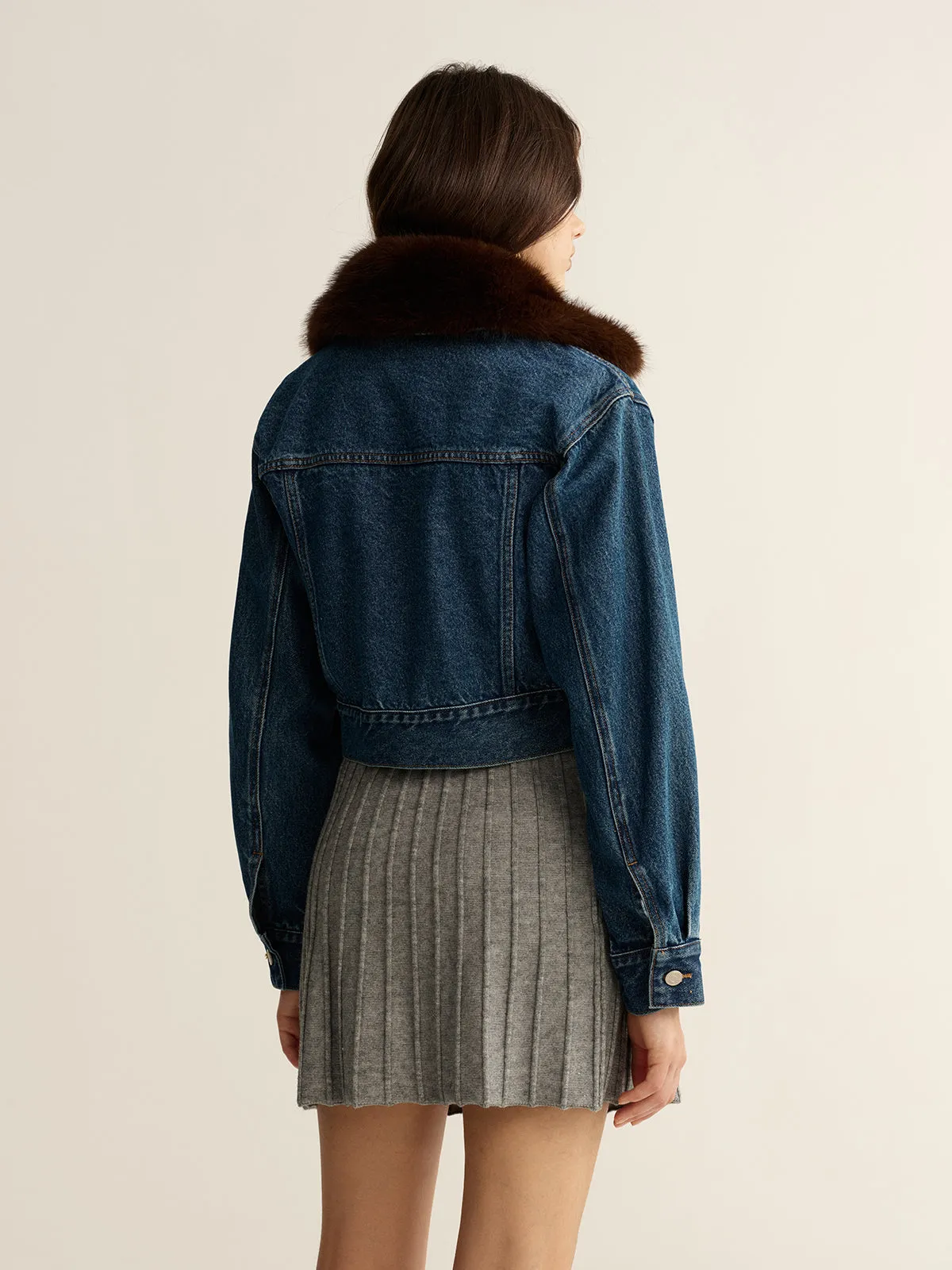 Faux Fur Collar Denim Cropped Jacket sold by COMMENSE product image thumbnail 5