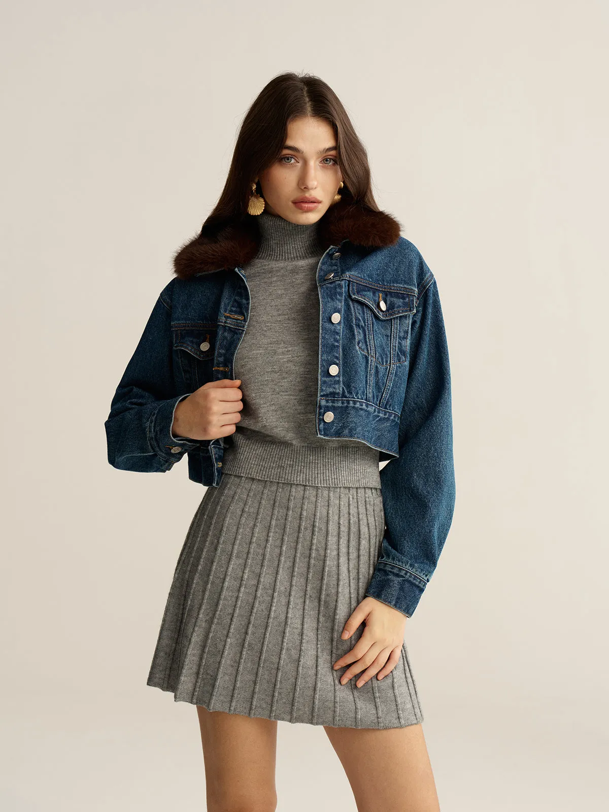 Faux Fur Collar Denim Cropped Jacket sold by COMMENSE product image thumbnail 2