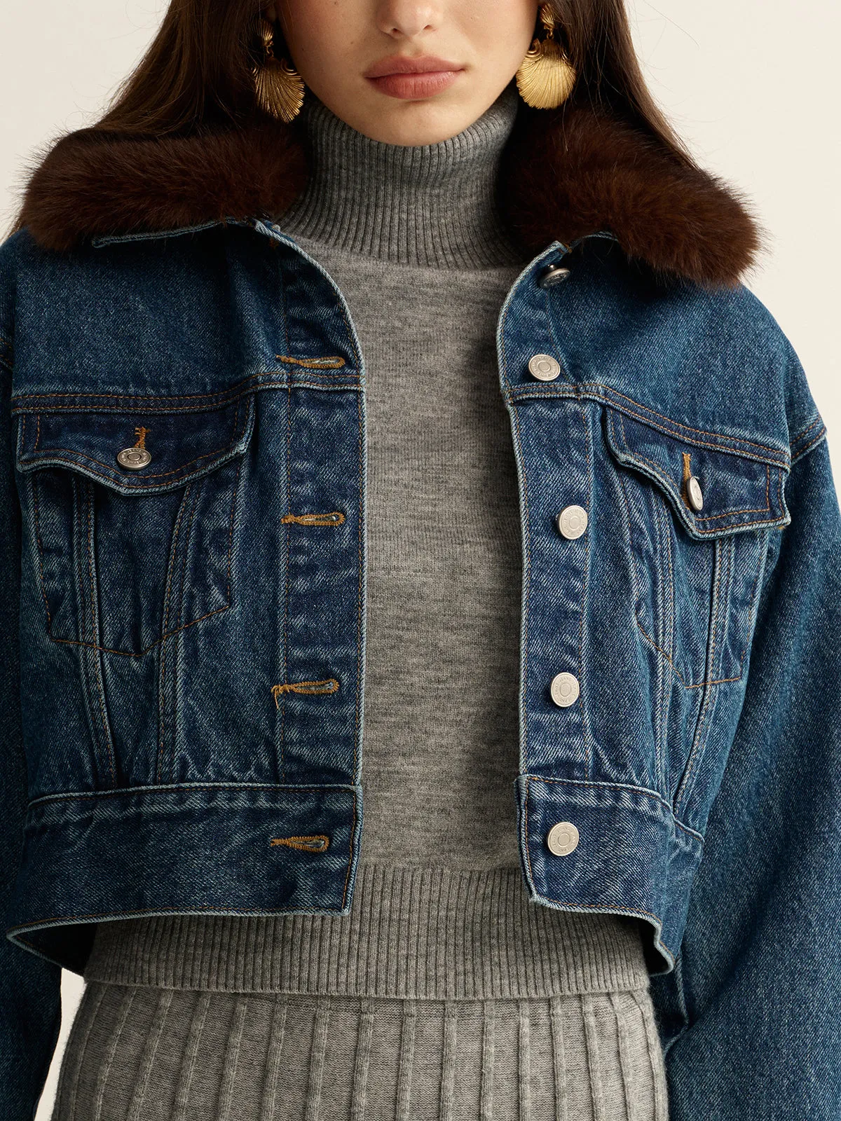 Faux Fur Collar Denim Cropped Jacket sold by COMMENSE product image thumbnail 3