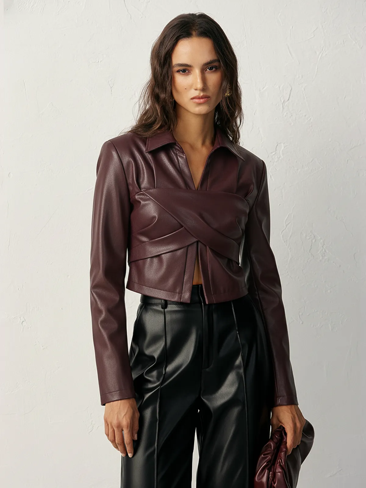 Collared Faux Leather Cropped Cross-Front Top sold by COMMENSE